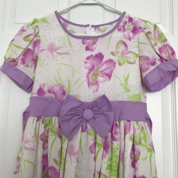 Purple White Floral Short Sleeve Dress Girls Size 9 With Front Bow Back Zipper - Picture 3 of 8